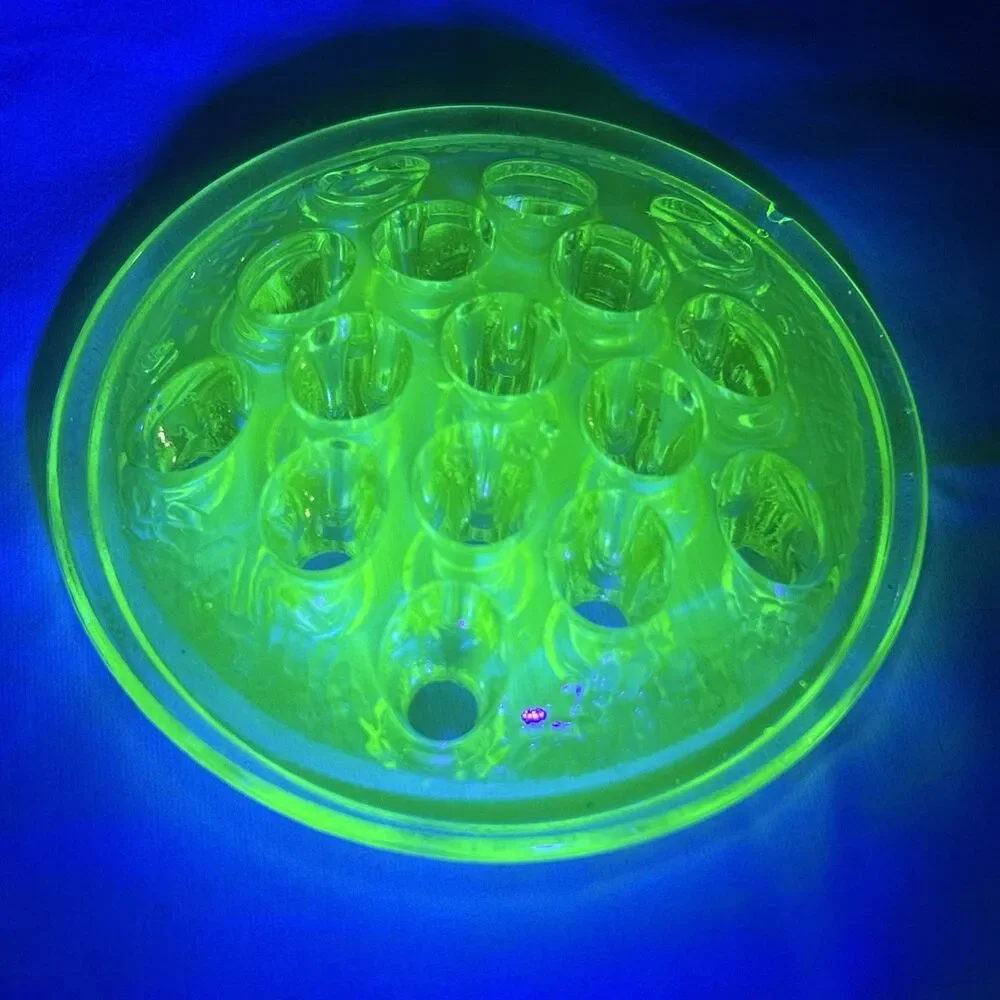 Vintage Green Uranium Glass 16 Hole Flower Frog